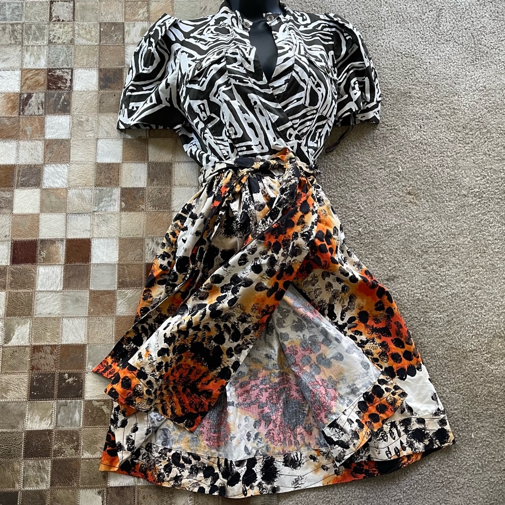 Diane Von Furstenberg Black White and Orange Animal Print Wrap Dress